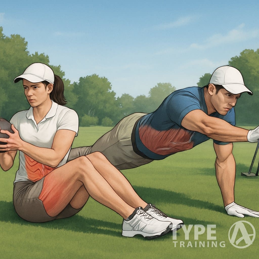 A man and woman performing core exercises outdoors on a golf course, with golf clubs and a ball nearby.