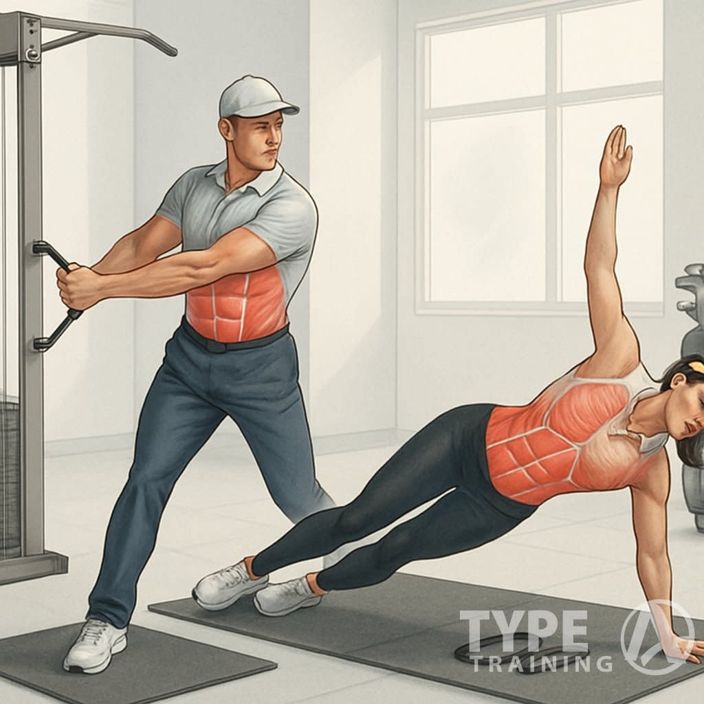 Two golfers performing core strengthening exercises in a gym, one doing a twisting cable exercise and the other holding a side plank position.