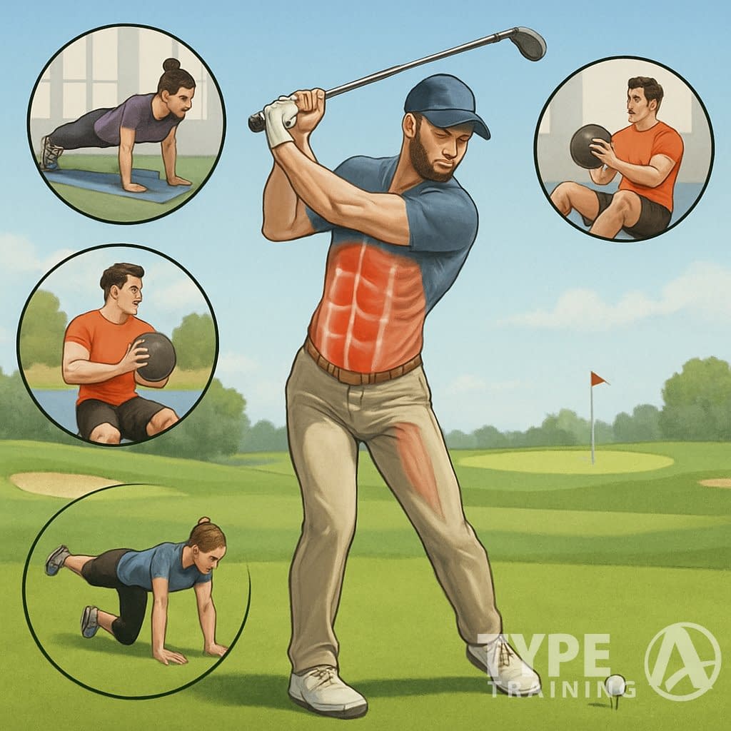 A golfer swinging on a golf course with highlighted core muscles and smaller illustrations showing various core exercises for golf training.