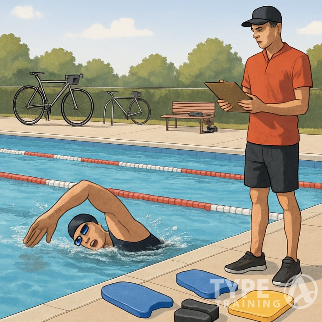 A swimmer practicing freestyle stroke in an outdoor pool with a coach watching nearby and triathlon gear like a bike and running shoes in the background.