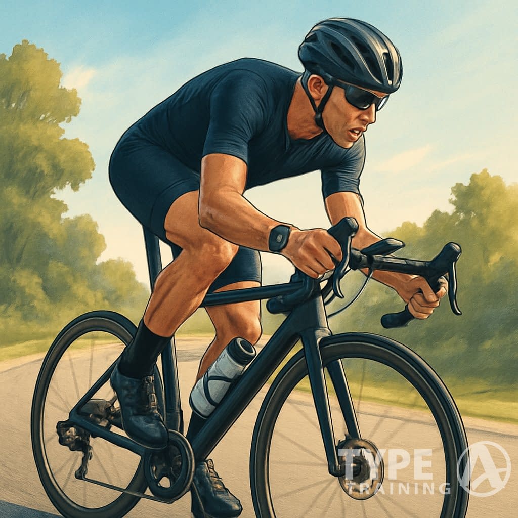 A cyclist wearing a helmet and cycling gear rides a road bike on a sunny suburban road surrounded by trees.