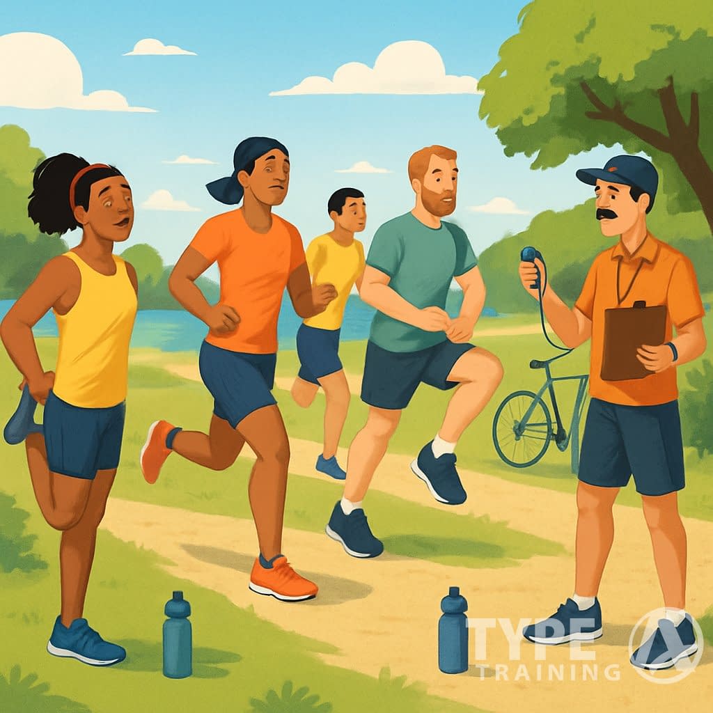 A group of beginner triathletes warming up outdoors with a coach, surrounded by running and cycling gear near a lake.