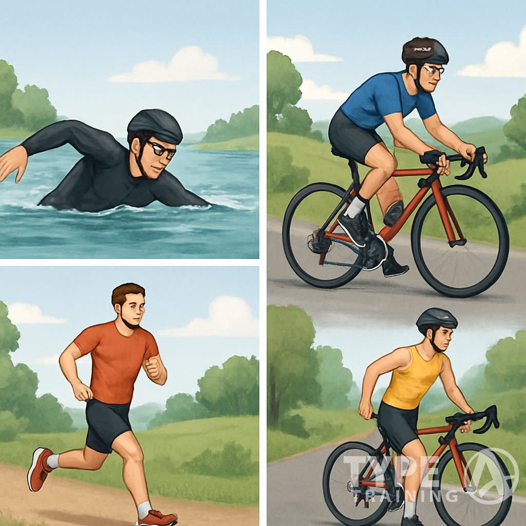 An athlete shown training for a sprint triathlon in four stages: swimming in open water, cycling on a road, running on a trail, and transitioning from cycling to running.