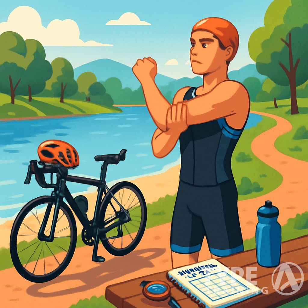 A young athlete in sportswear stretching near a lake with a racing bicycle and running path in the background.
