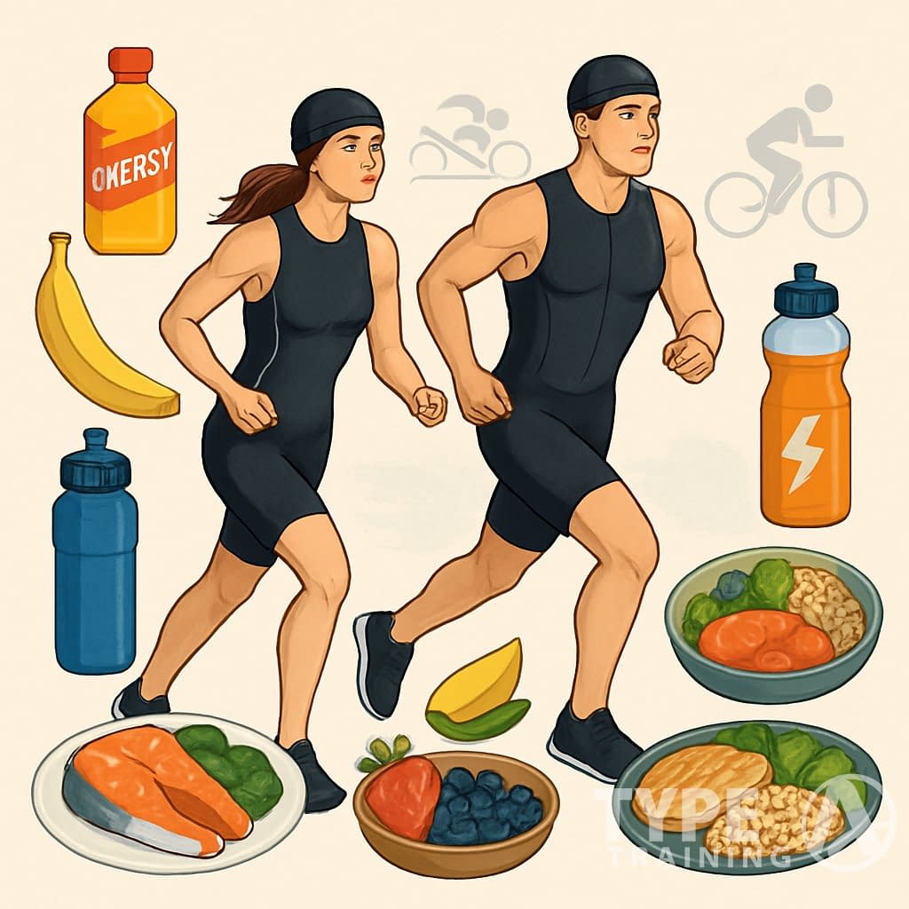 Two triathlon athletes preparing with various nutritious foods and drinks around them, including energy gels, fruits, and hydration, with symbols of swimming, cycling, and running in the background.