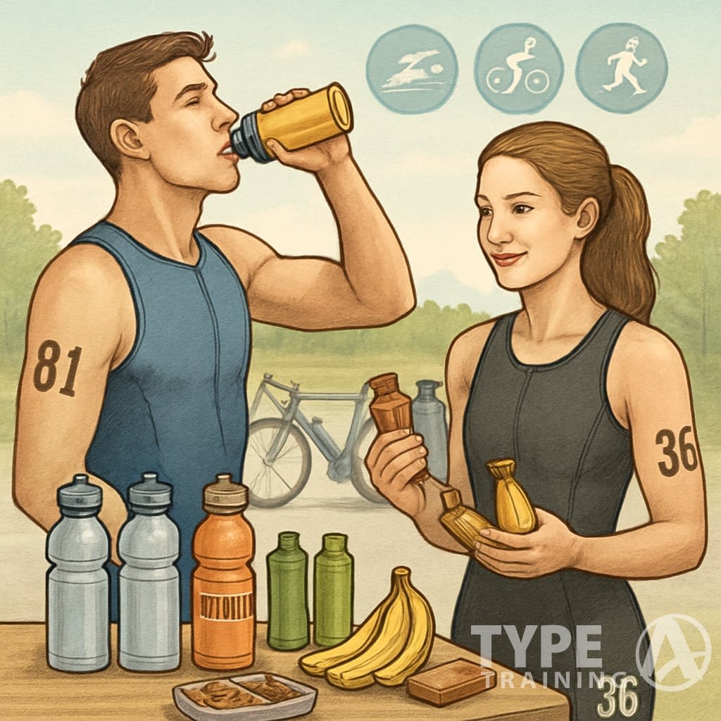 Two triathletes preparing their nutrition with sports drinks and snacks at a race area before a sprint triathlon.