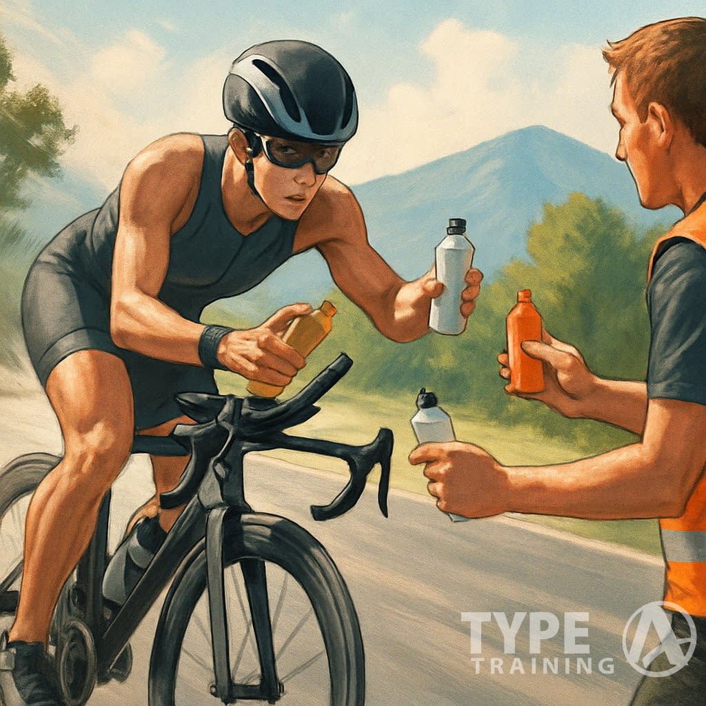 A triathlete on a racing bike reaches for a water bottle from a volunteer during a sprint triathlon race on a sunny road.