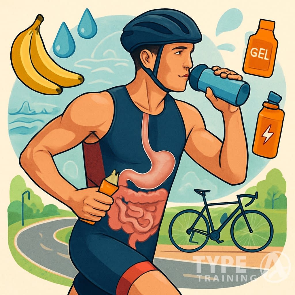 An athlete in triathlon gear holding a water bottle and energy snack, with visual elements representing digestion and hydration around them, set against a triathlon race background.