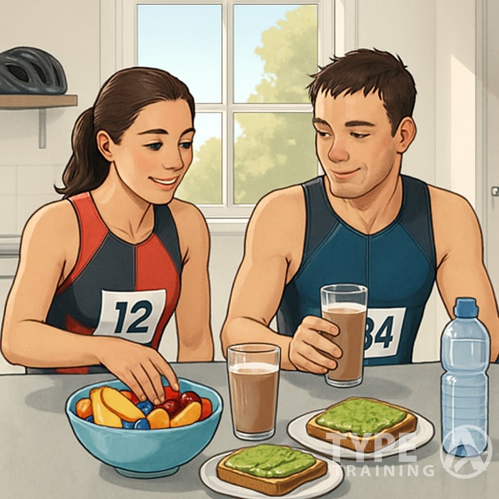 Two triathletes sitting at a kitchen counter with various healthy foods and drinks for recovery after a sprint triathlon.