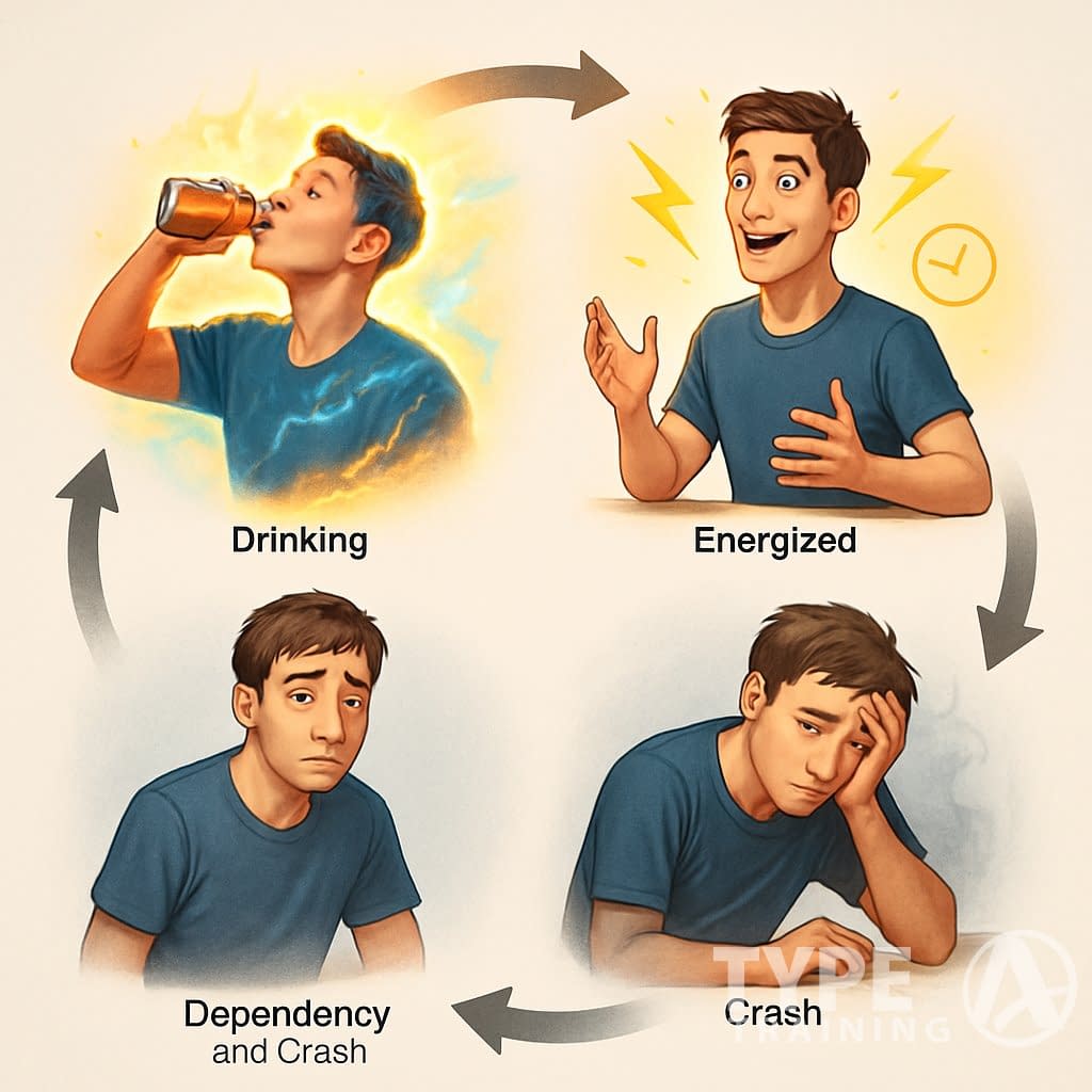 A circular illustration showing four stages of the caffeine crash cycle: drinking an energy drink, feeling energized, becoming tired, and experiencing fatigue and dependency.