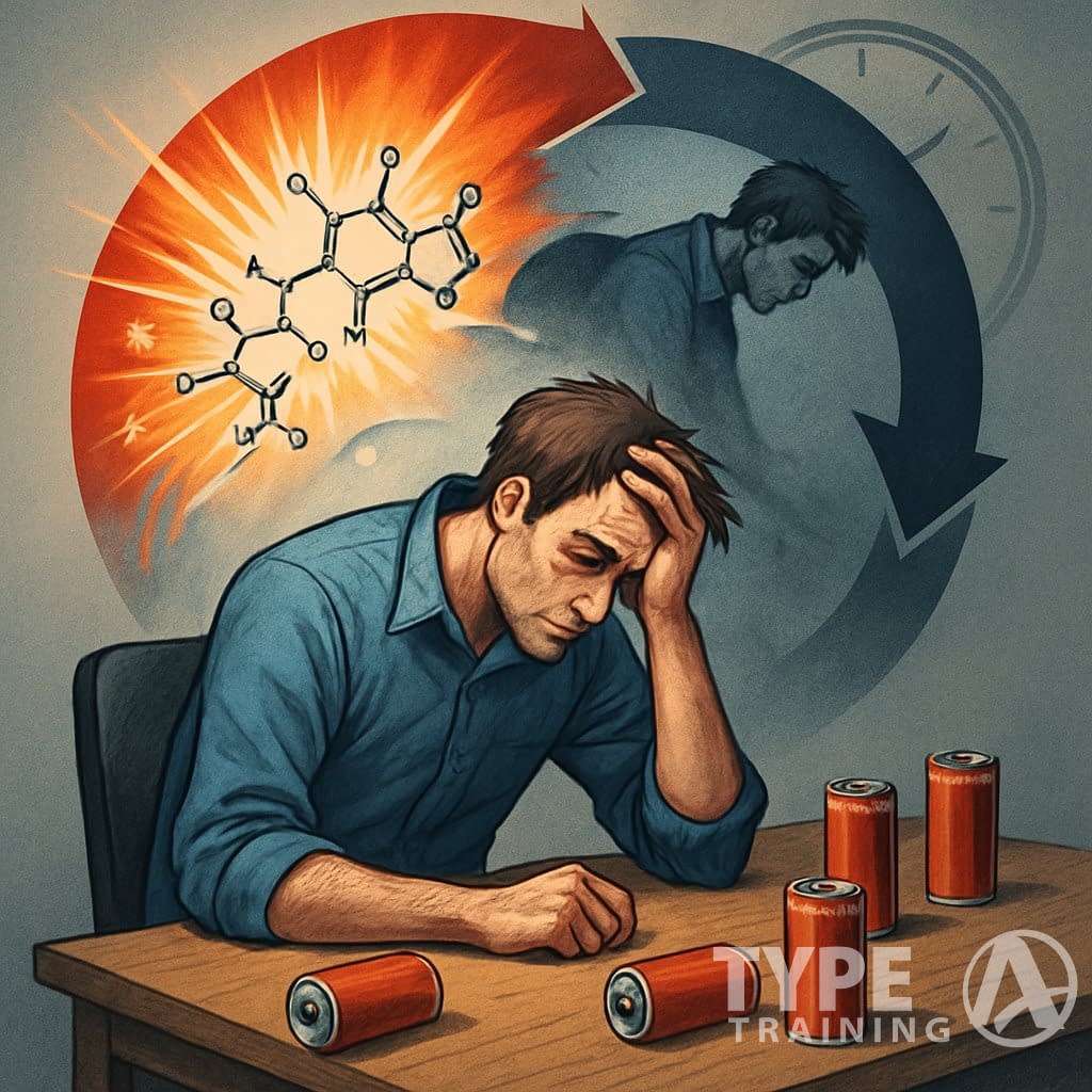 A person sitting at a desk looking exhausted surrounded by empty energy drink cans, with a visual cycle showing bursts of energy followed by fatigue and tiredness.