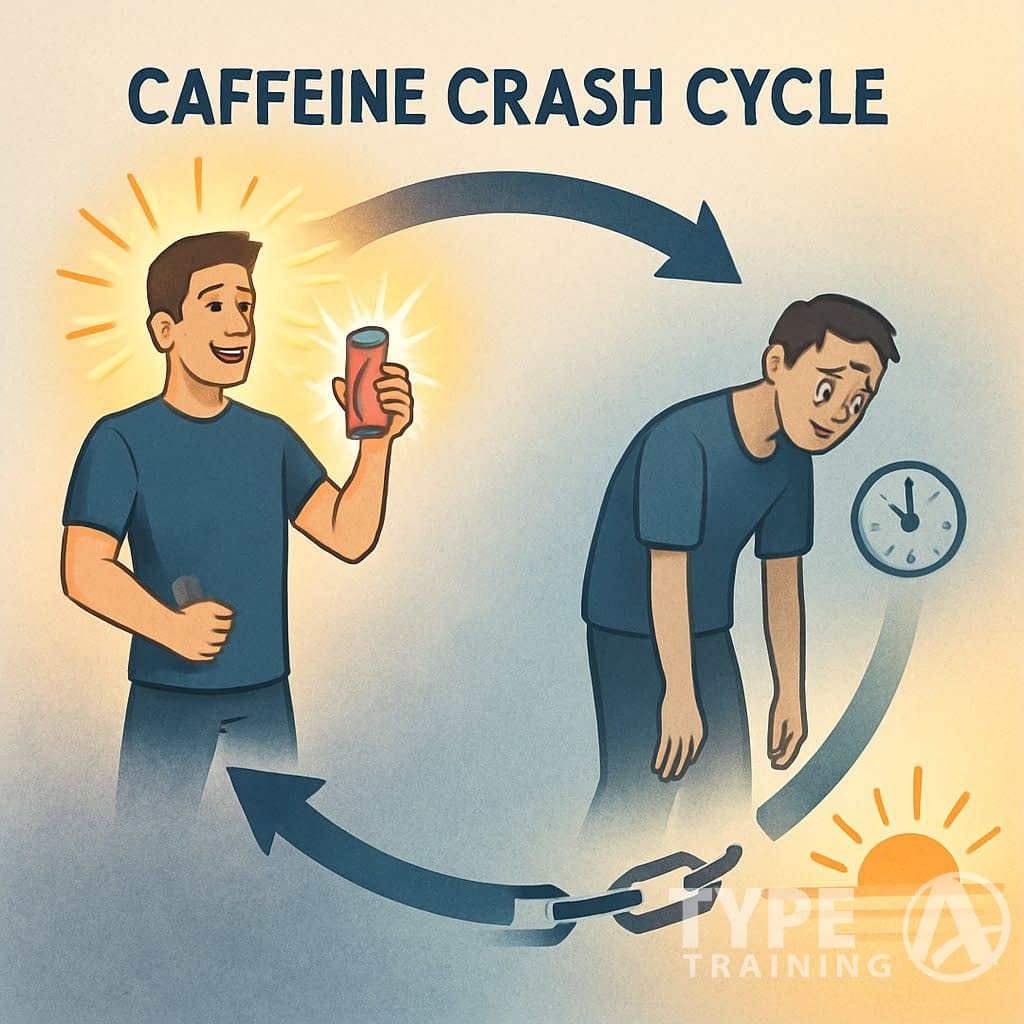 A person caught in a circular cycle showing them energized while holding an energy drink, then gradually becoming tired and slumped, with arrows forming a loop and symbols representing breaking free from fatigue.