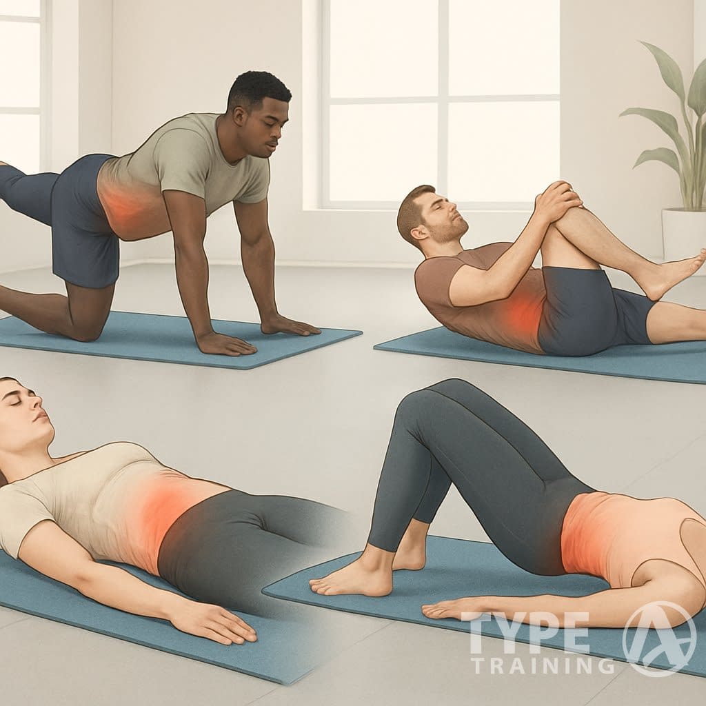 Several people performing different exercises targeting lower back pain in a bright gym setting.
