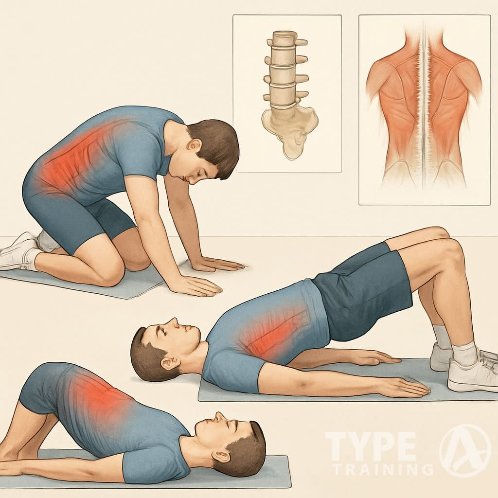 A person performing three different exercises to relieve lower back pain, with anatomical diagrams of the lower spine and muscles shown nearby.