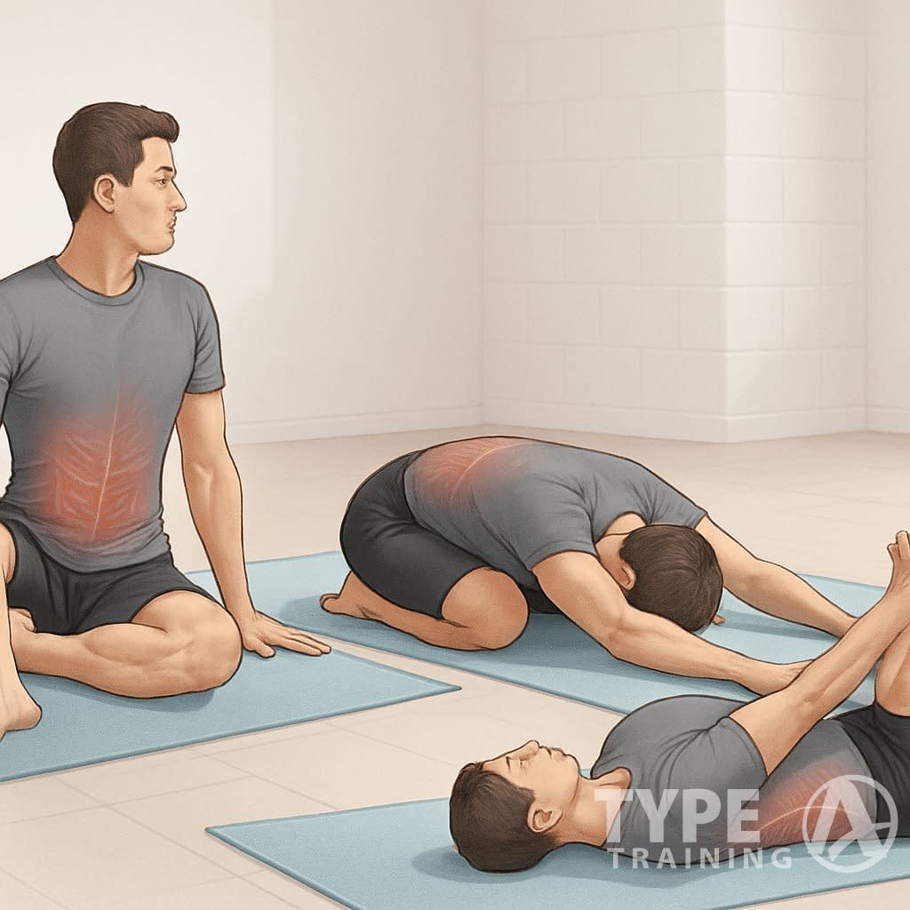A person performing three different stretching exercises on a yoga mat to relieve lower back pain.