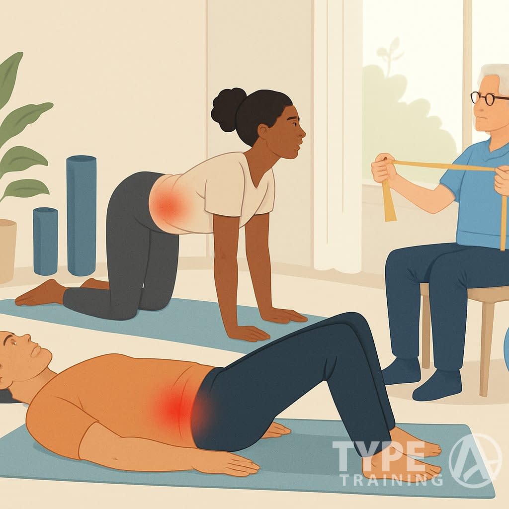 Several people performing exercises that target lower back pain relief in a bright indoor space.