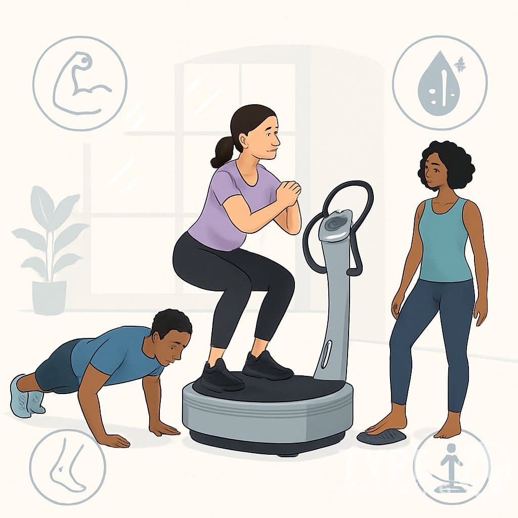 People performing beginner exercises on a Power Plate machine in a bright gym, demonstrating squats, push-ups, and balance training.