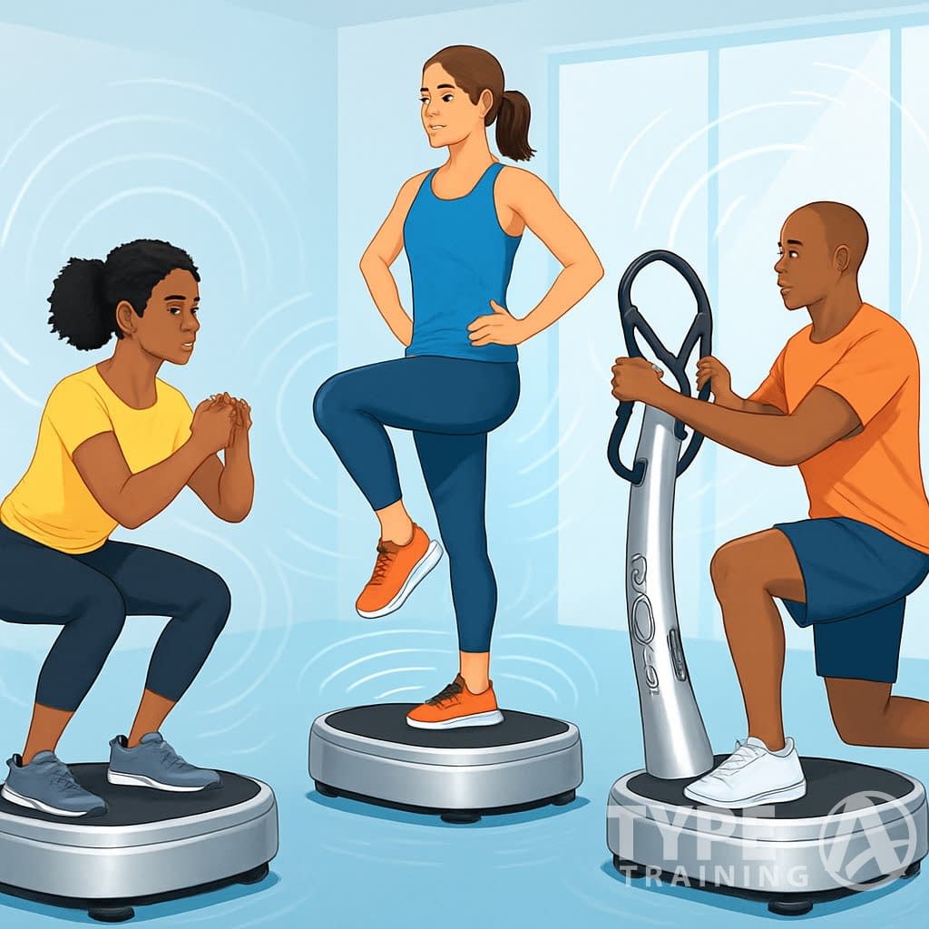 A group of people exercising on Power Plate machines in a gym, demonstrating different whole-body vibration training poses with visible vibration waves around the platforms.