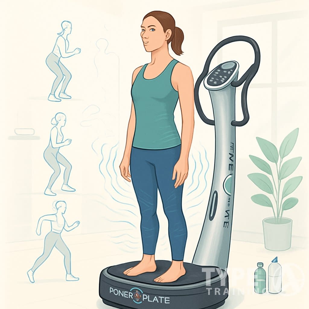 A person using a Power Plate machine in a fitness studio, demonstrating muscle recovery exercises with subtle vibration effects around their legs and core.