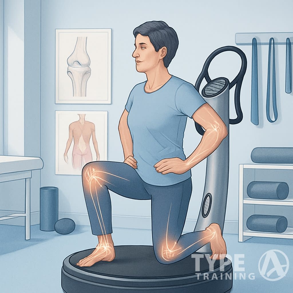 A person using a Power Plate vibration platform in a physical therapy room, performing exercises for injury rehabilitation and joint health.