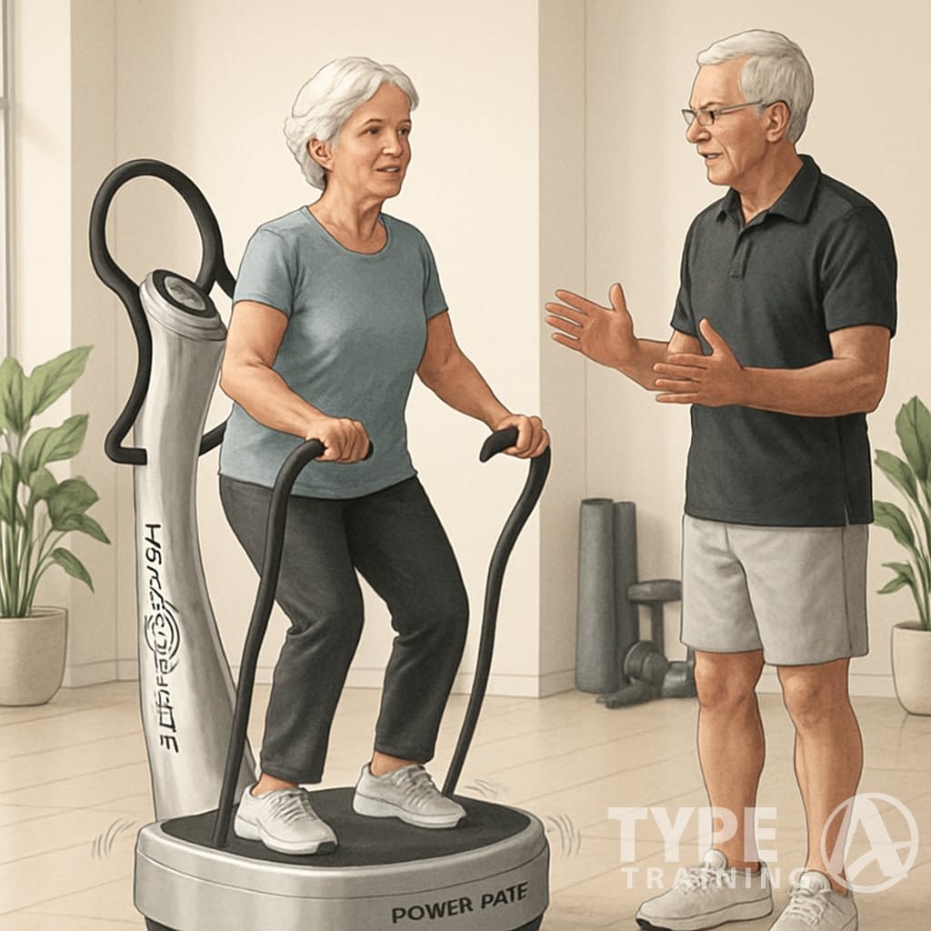 A senior woman using a Power Plate exercise machine in a bright fitness studio with a senior instructor guiding her.