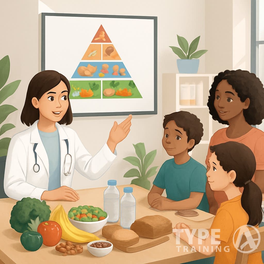 A nutritionist advising a diverse group of people about healthy foods with a food pyramid chart in a bright office setting.