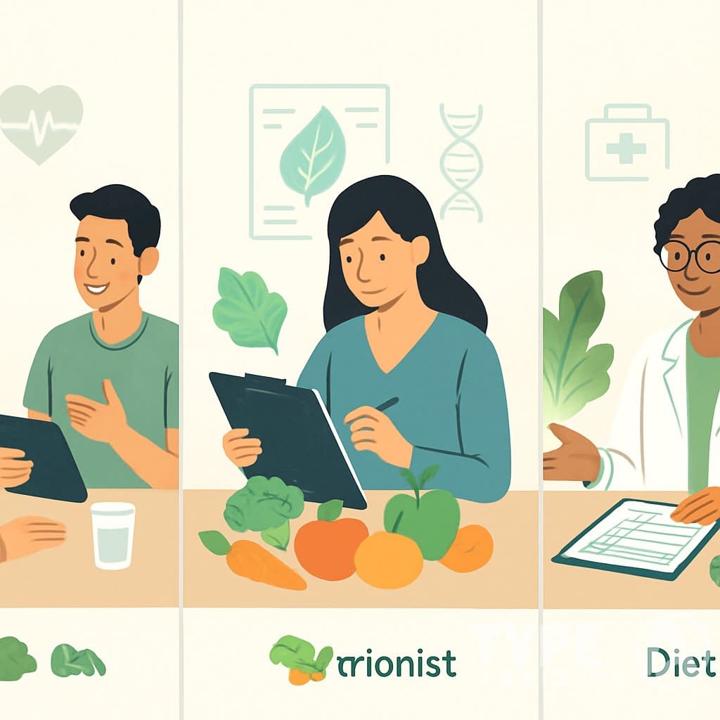 Three professionals representing a nutrition coach, a nutritionist, and a dietitian in separate but connected scenes showing their different roles in nutrition services.