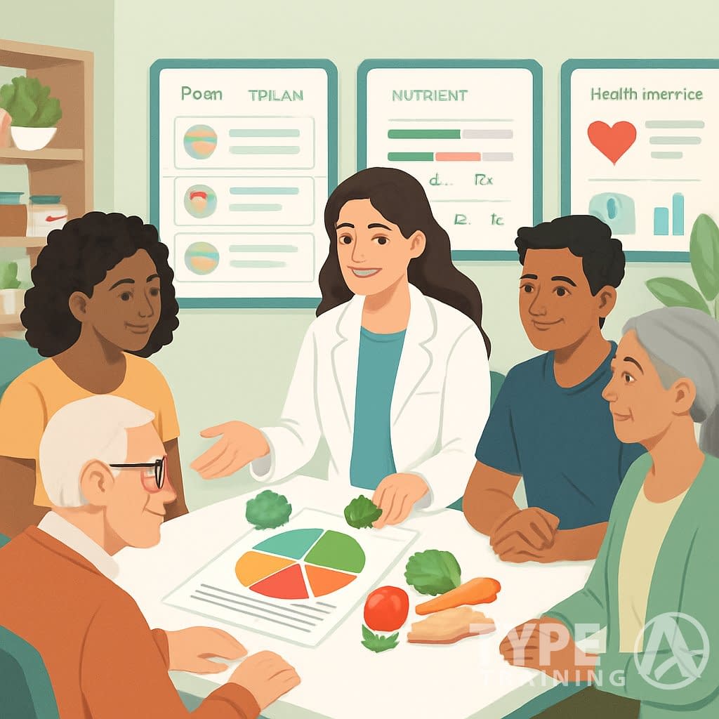 A nutritionist consulting with diverse clients using charts and food models in a bright office focused on personalized nutrition.