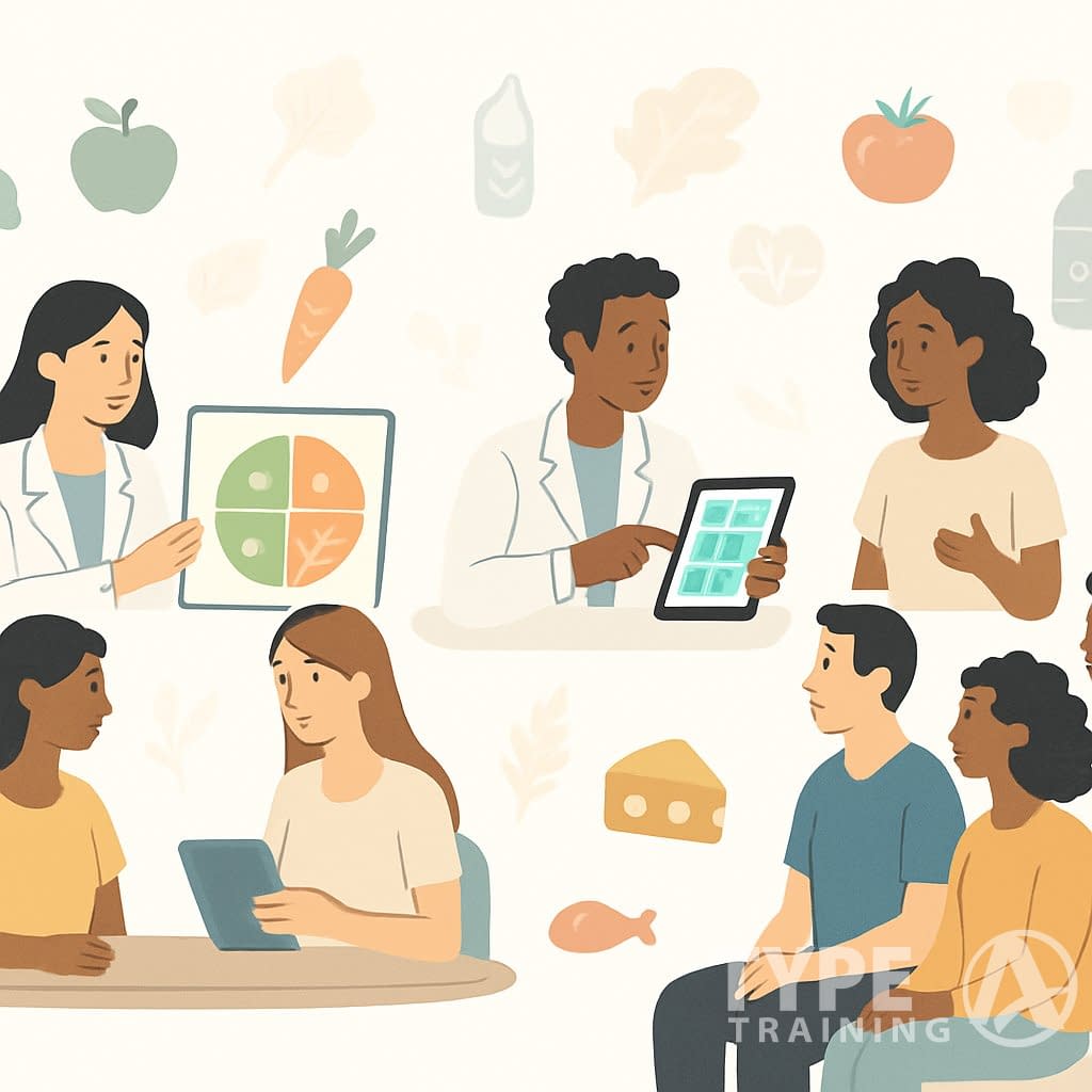 People receiving nutrition advice and guidance from experts in a bright, supportive environment with healthy food illustrations.