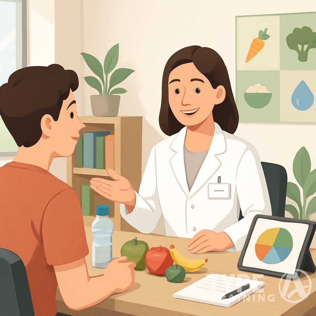 A nutritionist and a young adult client sitting at a desk in a bright office, discussing healthy eating with fruits and a tablet on the table.