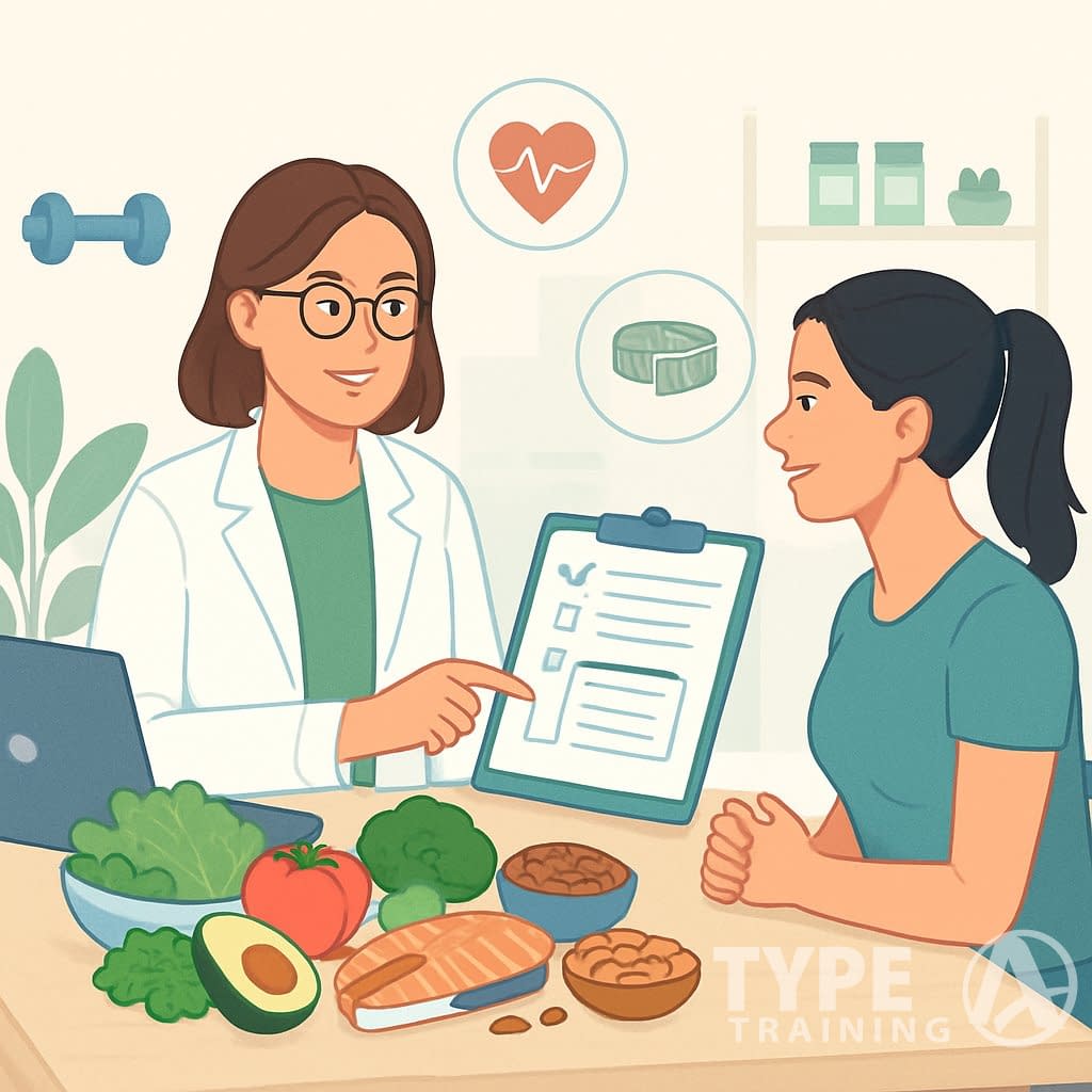 A nutritionist consulting with a client at a desk surrounded by healthy foods and symbols representing fitness and health goals.