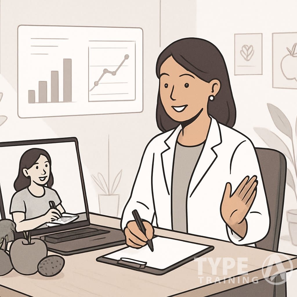 A nutritionist at a desk having a video call with a client, surrounded by healthy foods and charts showing progress tracking.