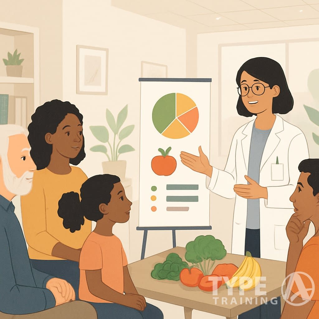 A nutritionist explains healthy food choices to a diverse group of people in a bright, welcoming clinic with fresh fruits and educational materials.