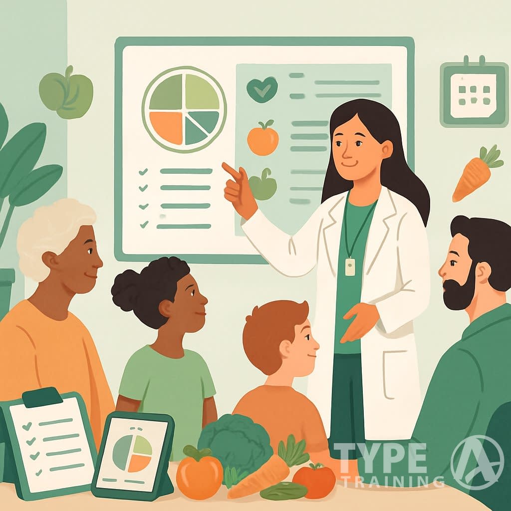 A nutritionist explains nutrition options to a diverse group of people in a bright office with healthy food icons and charts visible.