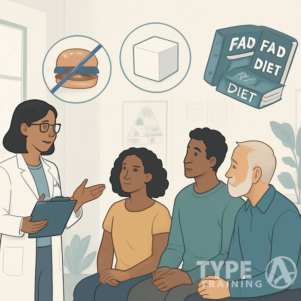 A nutritionist talks to a diverse group of people in a bright consultation room with visual symbols representing common nutrition myths around them.