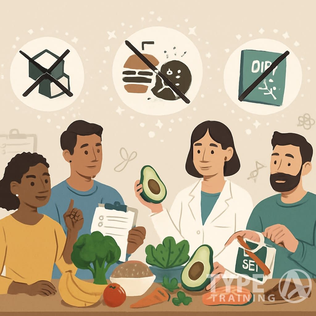 A group of people around a table with healthy foods, surrounded by symbols representing debunked diet myths and elements highlighting nutrition facts.