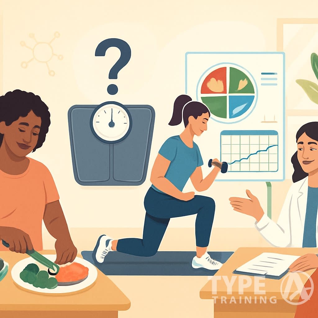 A diverse group of people preparing healthy meals, exercising, and consulting a nutritionist in a bright wellness center, with visual symbols representing balanced nutrition and gradual progress.