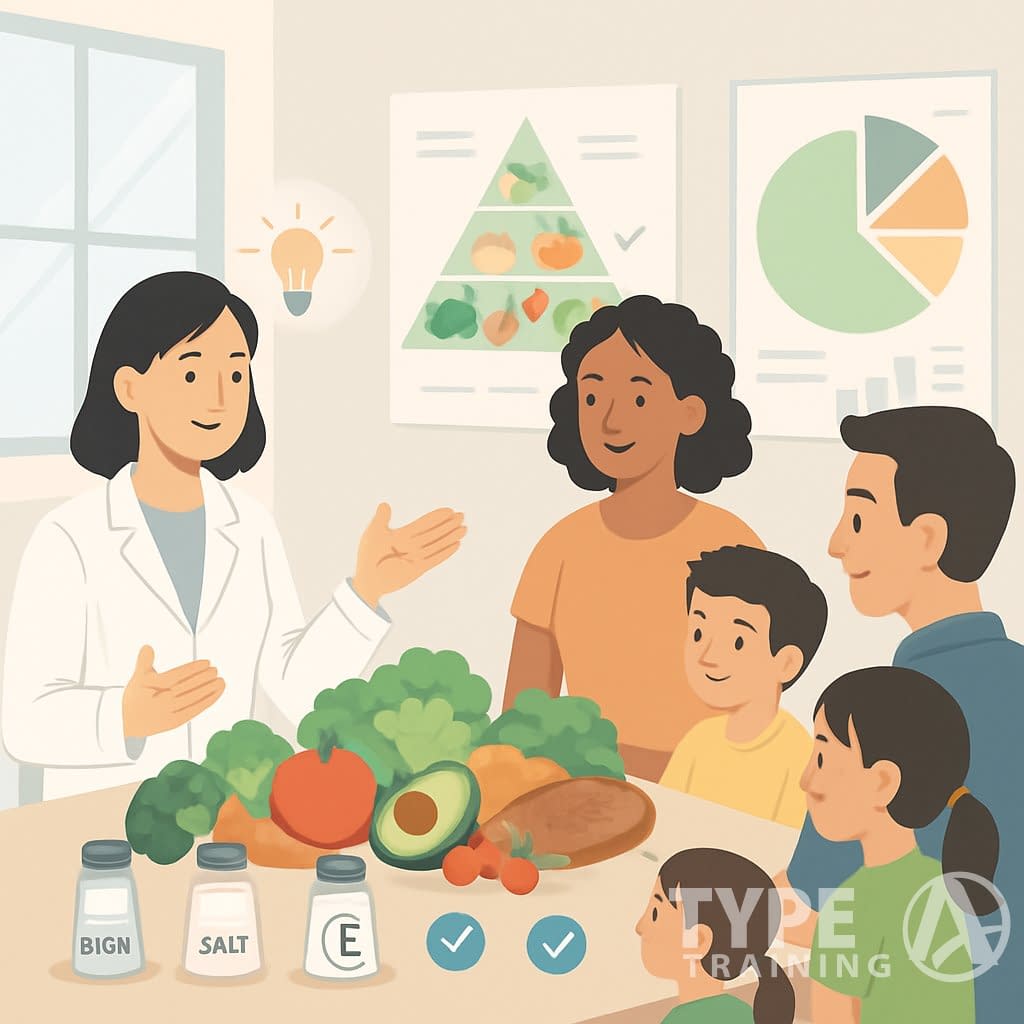 A nutritionist talks with a diverse group around a table with healthy foods and containers representing sugar, salt, and additives, in a bright office setting.