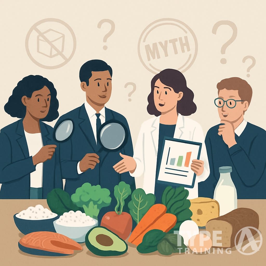 A group of people examining various foods and nutritional items at a table, symbolizing the investigation and challenging of common nutrition myths.