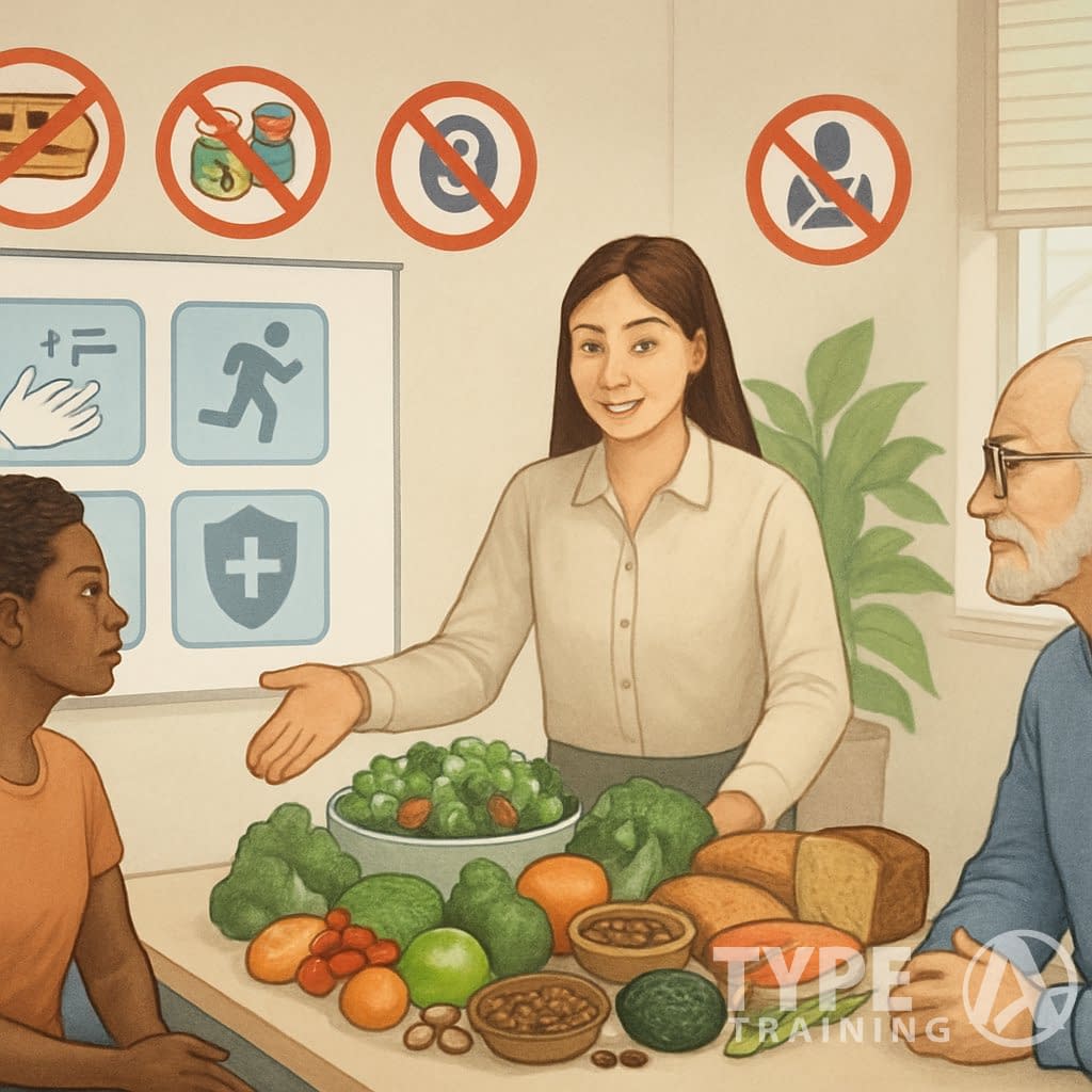 A healthcare professional and a nutritionist discussing healthy foods and disease prevention with a group of people in a modern clinic setting.