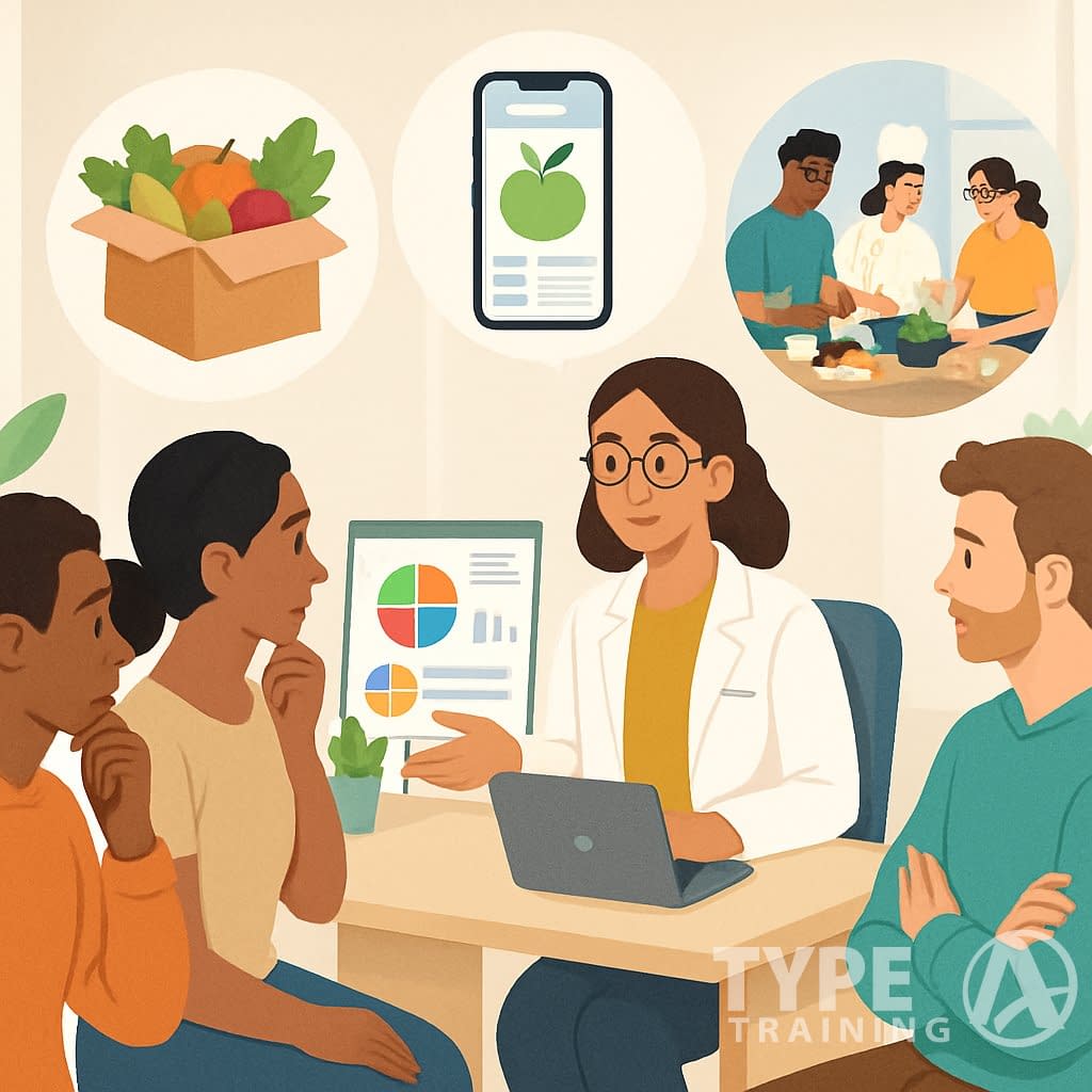 People consulting a nutritionist and exploring different healthy meal options and nutrition services in a bright, welcoming setting.