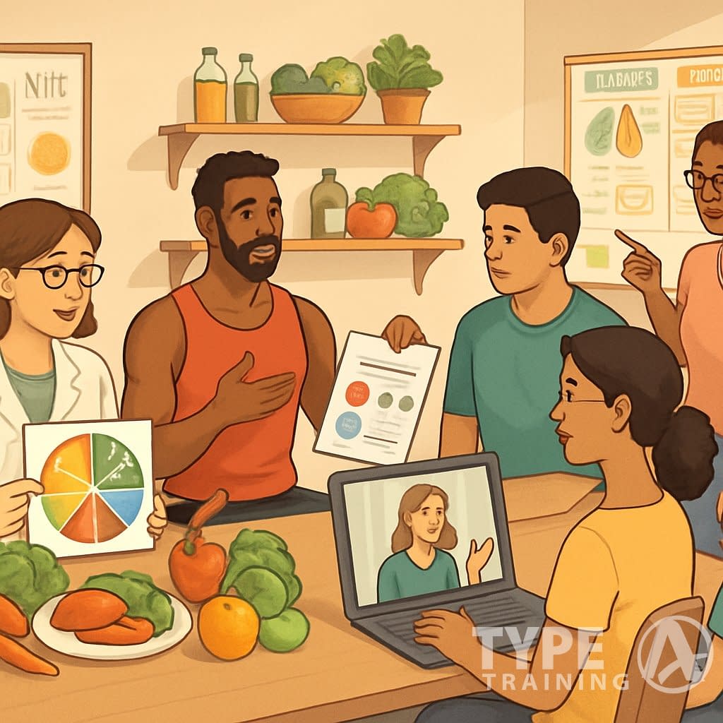 A scene showing people receiving nutrition advice from experts in various settings including in-person consultations, virtual meetings, and group workshops, surrounded by healthy foods and educational materials.