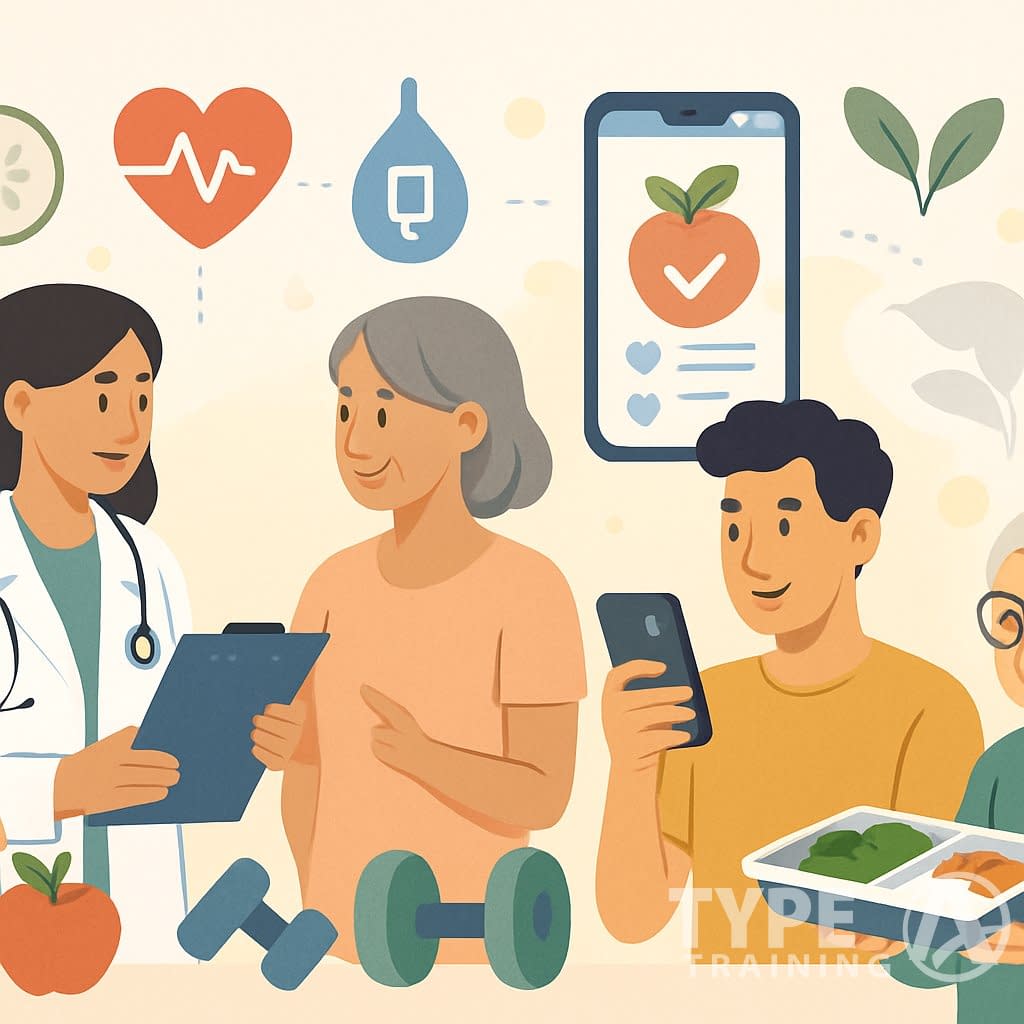 A group of people receiving personalized nutrition advice and using health tools tailored to their individual health conditions and lifestyles.