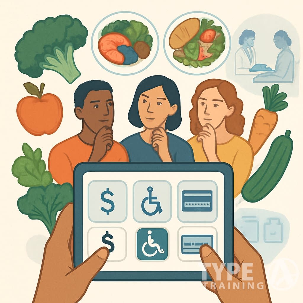 People reviewing nutrition service options with symbols for cost, accessibility, and insurance, alongside healthy food and a healthcare professional consulting a patient.