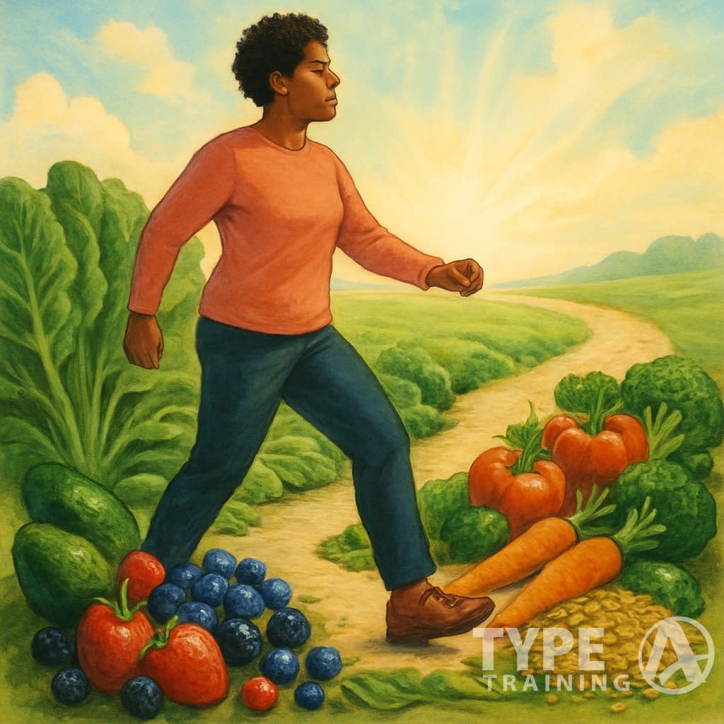A person stepping onto a path surrounded by fresh fruits and vegetables, symbolizing the start of a journey toward better nutrition.