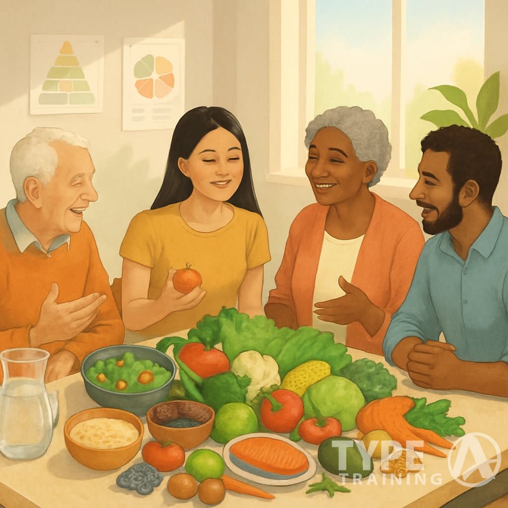 A diverse group of people gathered around a table with fresh fruits and vegetables, discussing healthy food choices in a bright, welcoming room.