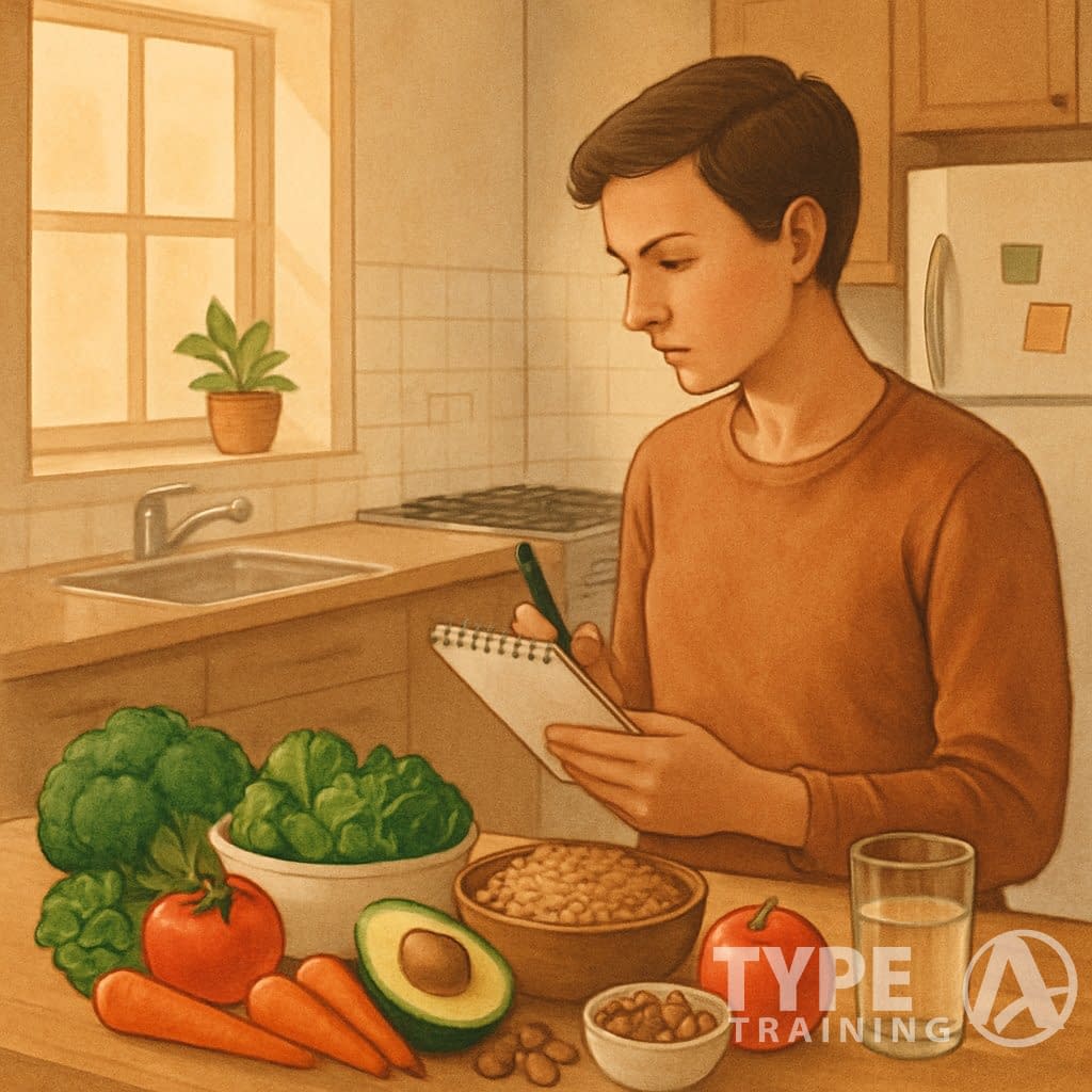A person standing in a kitchen, looking at healthy foods on a countertop while holding a notepad and pen.