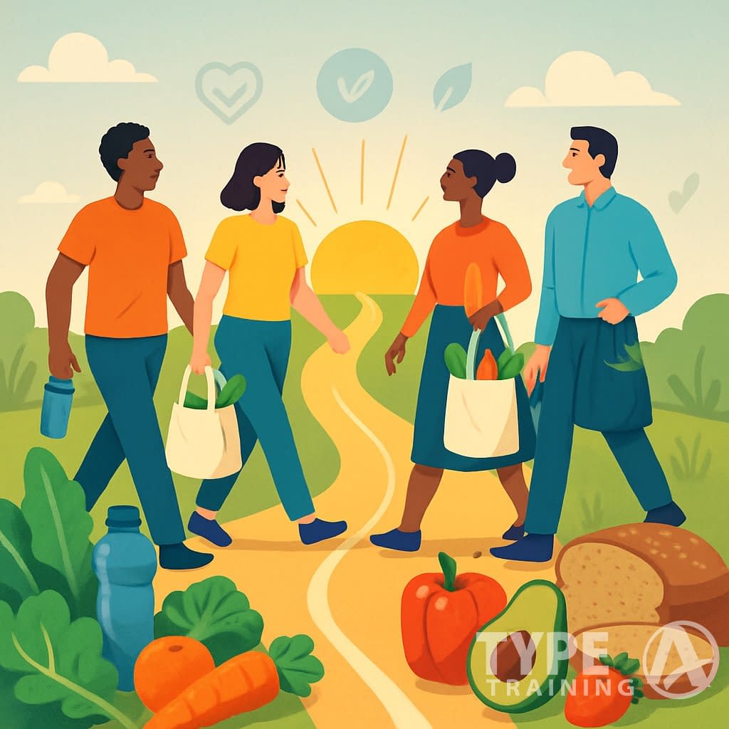 A group of people starting a path lined with fresh healthy foods and water, walking toward a bright sunrise symbolizing the beginning of a nutrition journey.