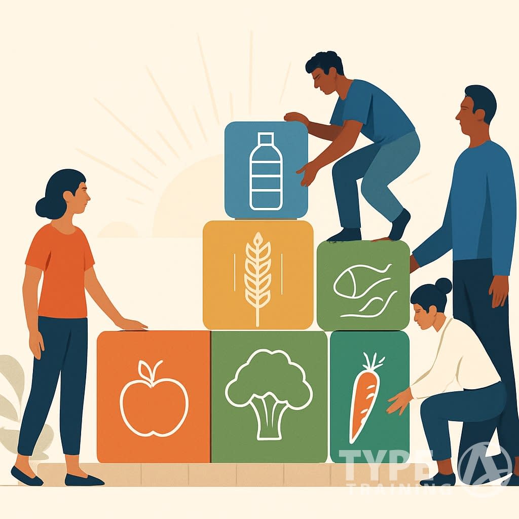 People working together to build a foundation made of colorful blocks representing healthy foods, with a sunrise in the background symbolizing a new beginning.