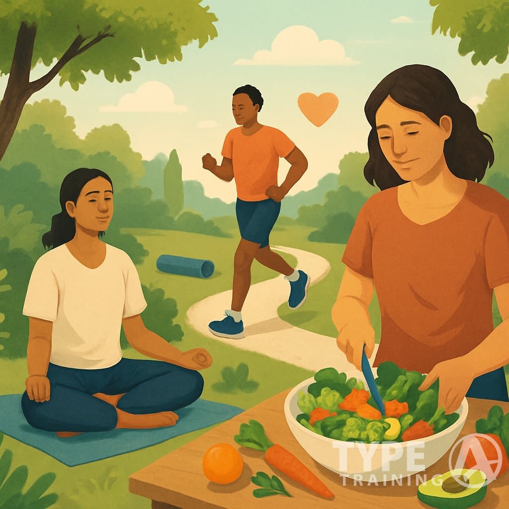 People engaging in healthy activities like meditating, jogging, and preparing fresh food in a natural setting.